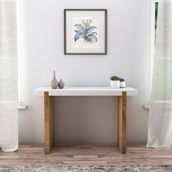 Kerry 48 Inch Rectangular Mango Wood Console Table， Sled Base， Glossy White， Natural Brown