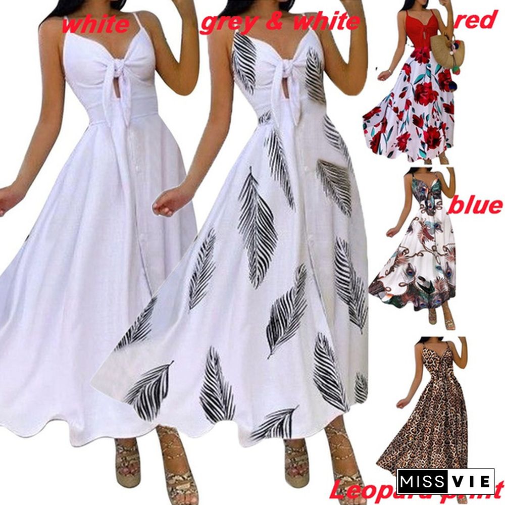 Women Fashion V-neck Tie Waist Floral Sling Dress Vacation Casual Long Skirt