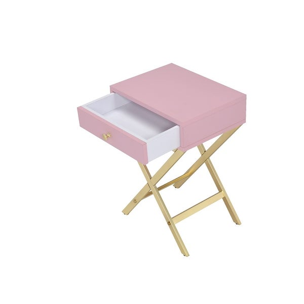 Wood and Metal Side Table with Crossed Base， Pink and Gold