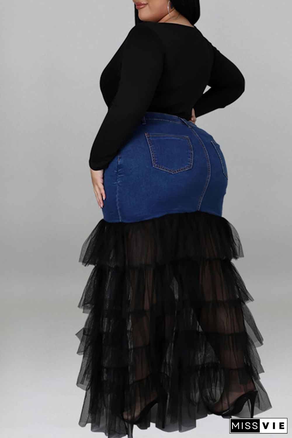 Deep Blue Fashion Solid Patchwork Flounce Plus Size(The Stitching On The Skirt Is Yellow)