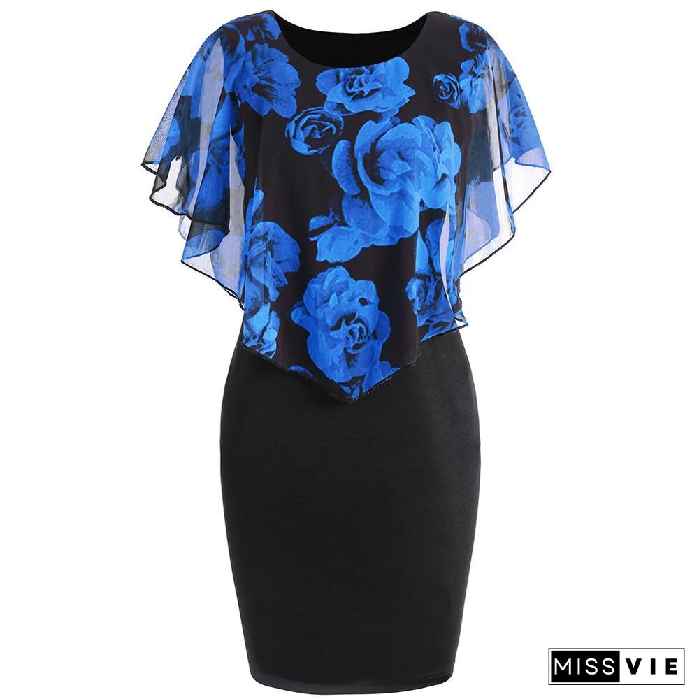 Plus Size Womens Dress Elegant Office Lady Rose Flower Print Cape Bodycon Knee Length Dress