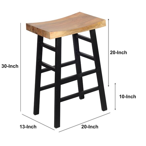 30 Inch Barstool with Saddle Style Wood Seat， Ladder Base， Brown and Black