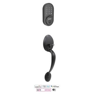 Defiant Wilmington Matte Black Door Handleset with Round Smart Hubspace WiFi Deadbolt and Hartford Interior Knob 32HY7X9GZB