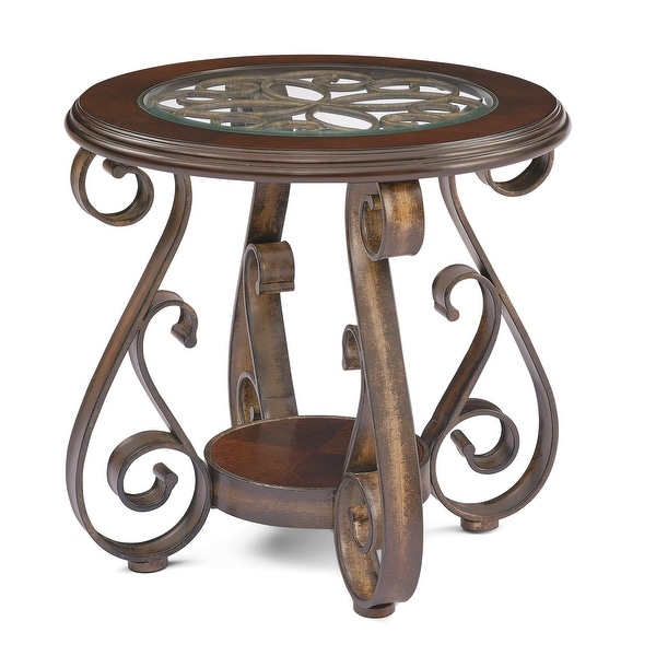 Oaks Aura Dark Brown French Country Coffee Table with Glass Table Top and Powder Coat Finish Metal Legs