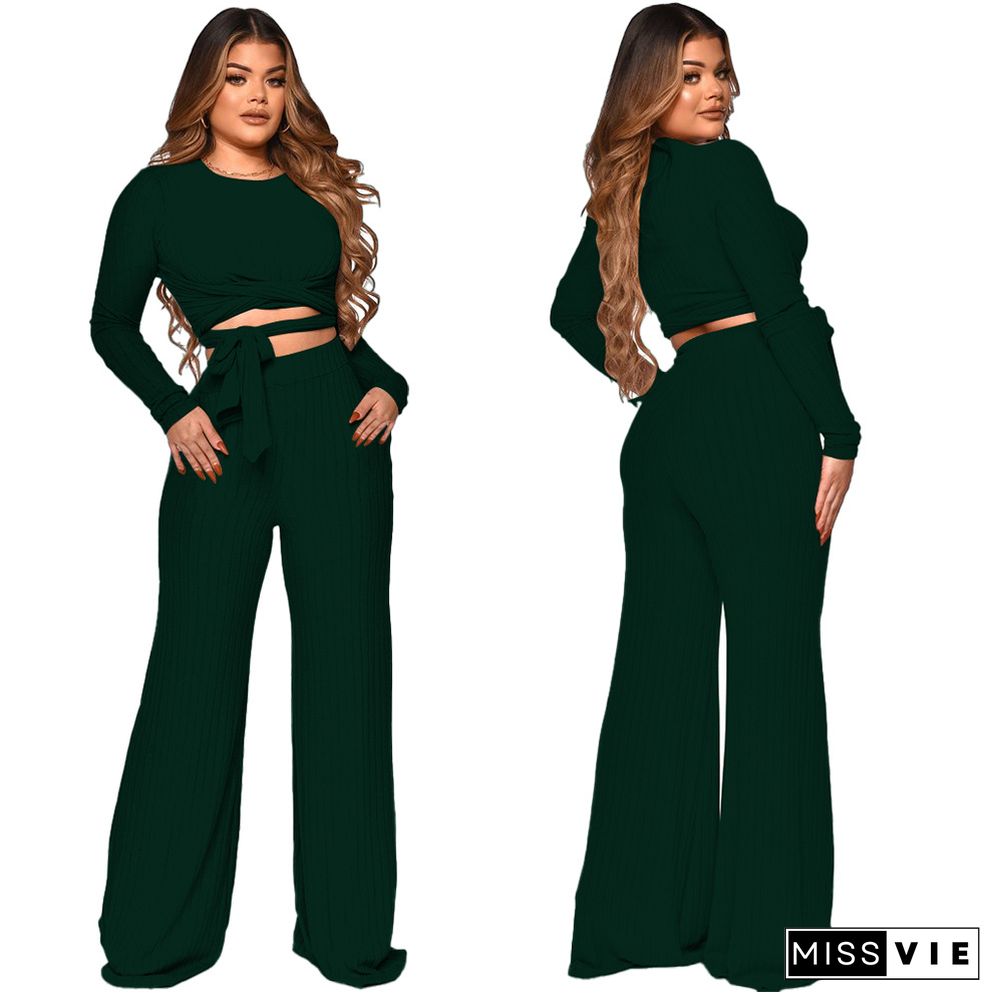 Ribbed Lace Up Crop Tops Wide Leg Pants Set