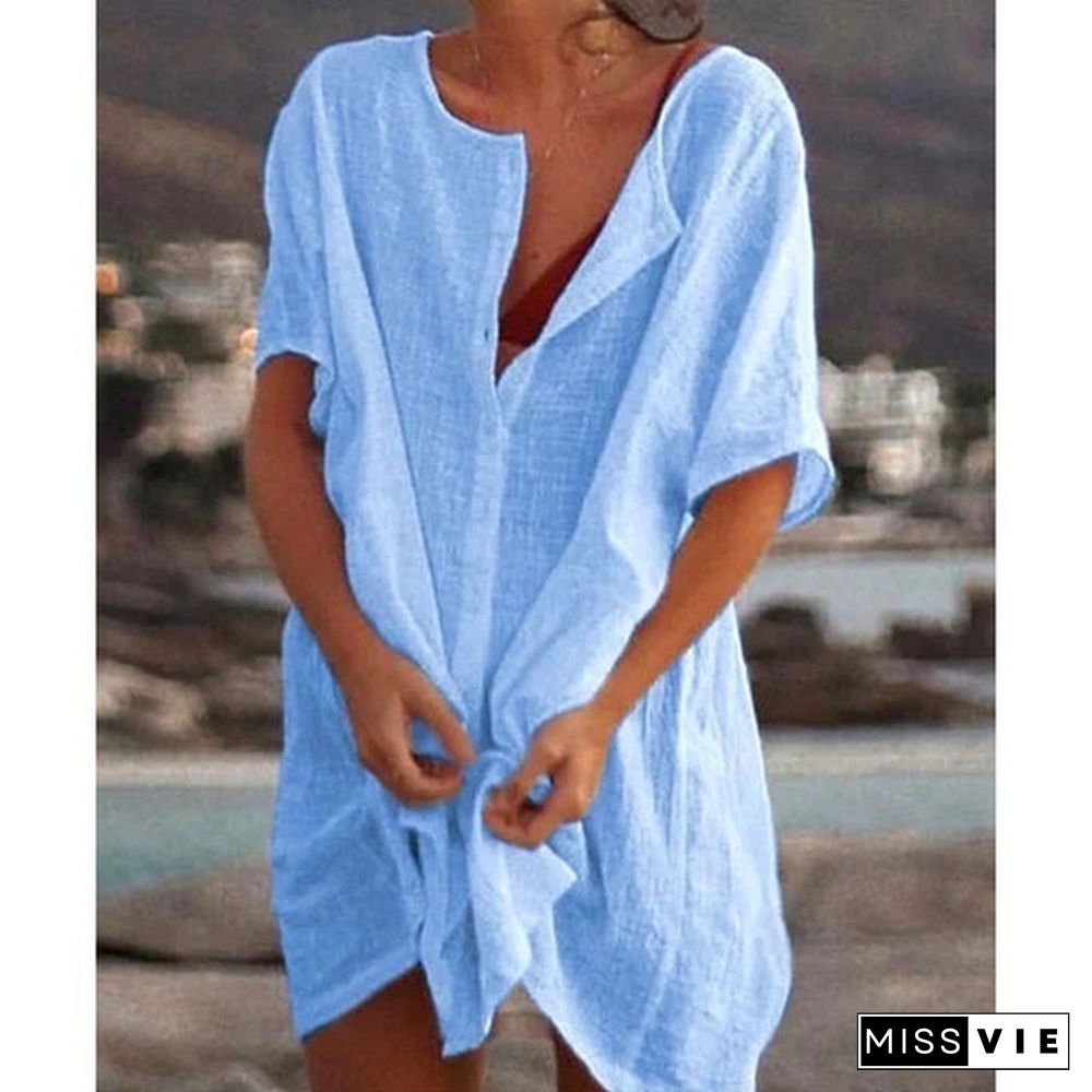 Fashion Summer Clothes Women's Casual Short Sleeve Dresses Beach Wear Robe Femme Swimwear Cover-up Linen Dress Loose Blouses Long T-shirt Deep V-neck Solid Color Swimsuit Cover-ups Dress Mini Party Dress