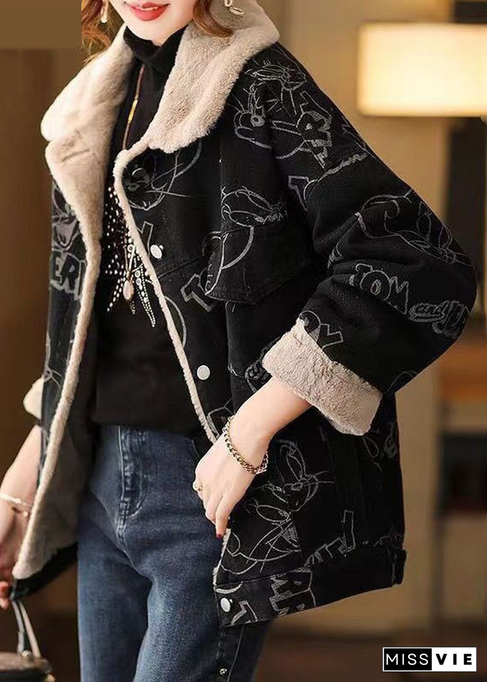 Plus Size Black Print Button Patchwork Warm Fleece Coat Winter