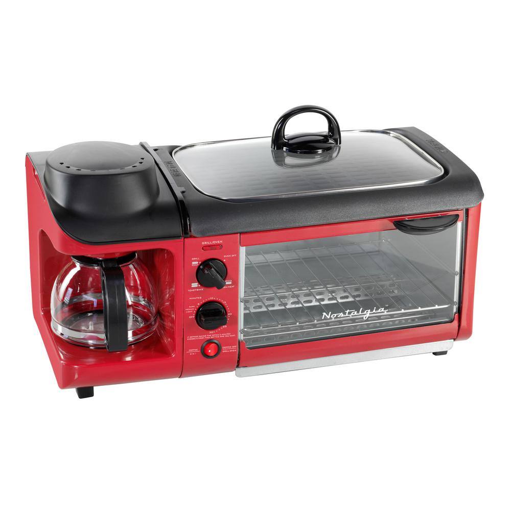 Nostalgia 1500 W 4-Slice Red Toaster Oven Breakfast Station BST3RR