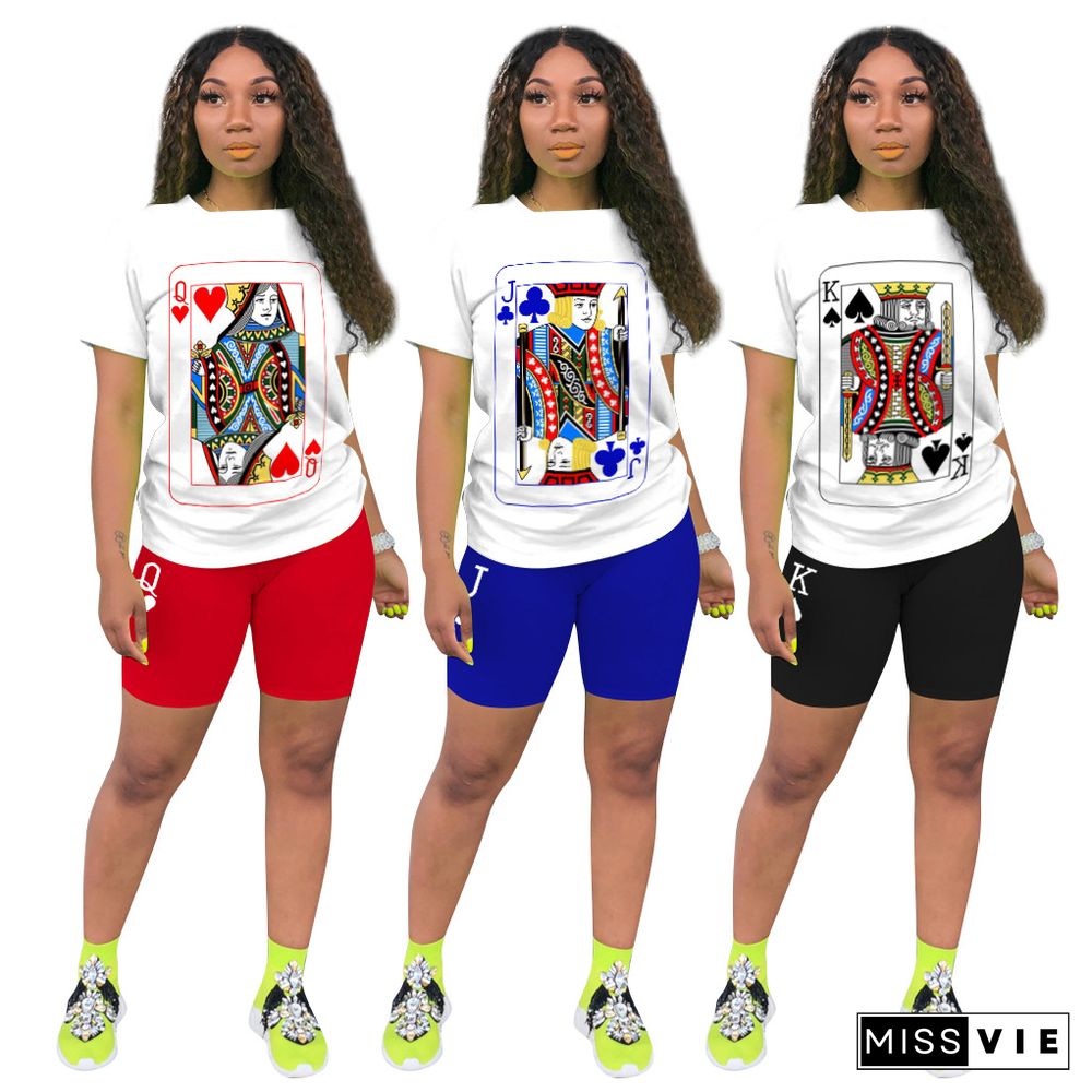 White Poker Printed Short Sleeve Tshirt Tight Shorts Set