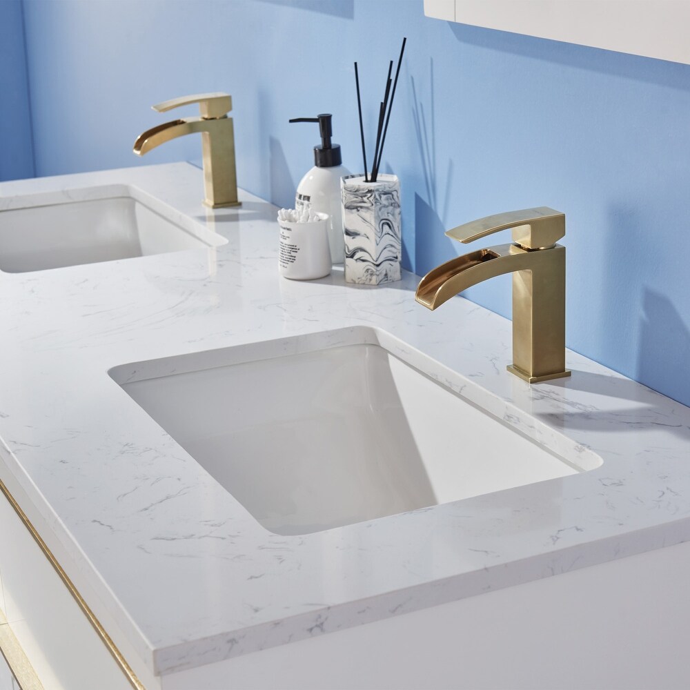 Altair Morgan Double Bathroom Vanity Set in White and Aosta White Countertop with Mirror