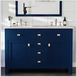 Eviva Artemis 48 in. W x 22 in. D x 33.7 in. H Bath Vanity in Blue with Carrara Marble Vanity Top in White with Double Sinks TVN313-48BLU-DS