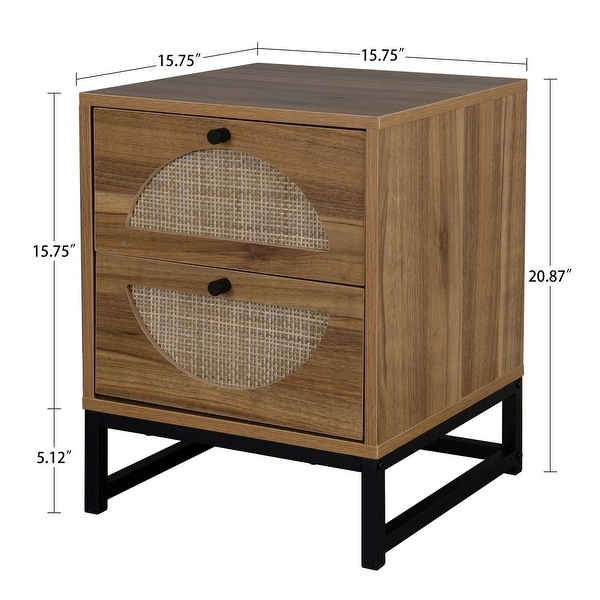 Lordear Natural Rattan Beige Side Table with 2 Drawer for Bedroom and Living Room