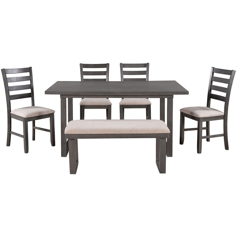 6 Pieces Premium Unique Dining Table Set with 4 Slat Back Chairs Upholstered Bench