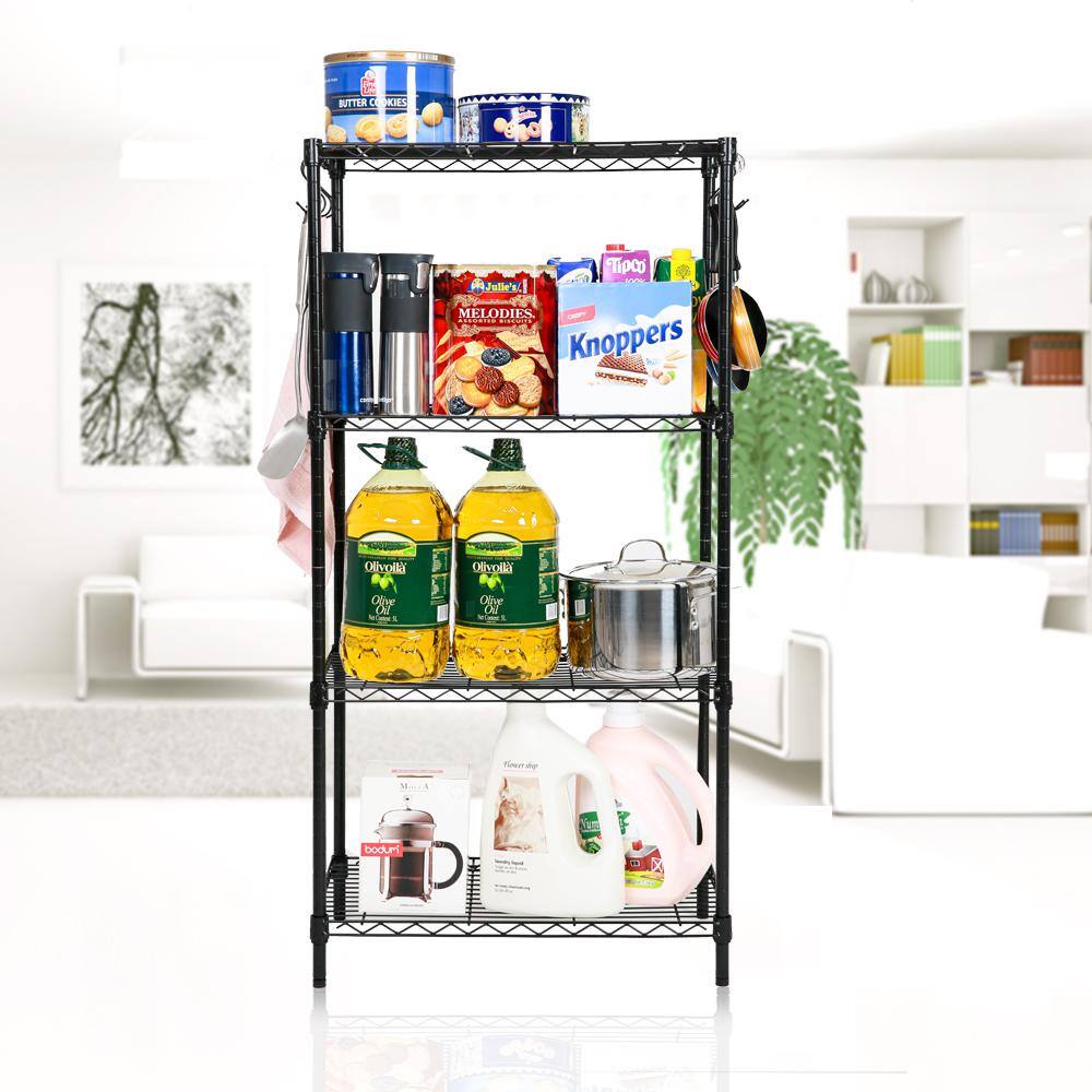 EFINE Black 4-Tier Carbon Steel Wire Garage Storage Shelving Unit with 8 Hooks (23.6 in. W x 47 in. H x 14 in. D) RL100-4