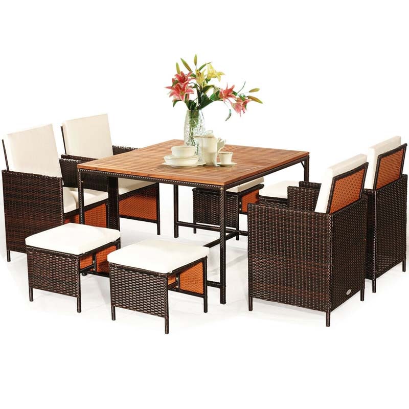 9 Pcs Rattan Wicker Outdoor Patio Dining Set with Acacia Wood Dining table, 4 Ottomans, 4 Cushioned Armchairs