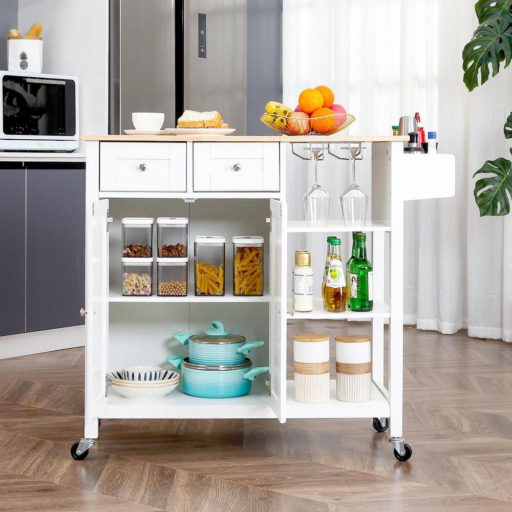 White Kitchen Island on Wheels Kitchen Cart with Cabinet 3-Layer Shelves Wood Countertop Mobile Storage Islands 1009-ISLAND-WHI