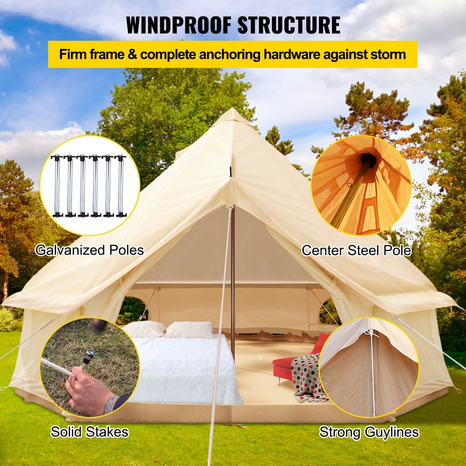 VEVORbrand Canvas Bell Tent 9.84ft Cotton Canvas Tent with Wall Stove Jacket Glamping Tent Waterproof Bell Tent for Family Camping Outdoor Hunting in 4 Seasons