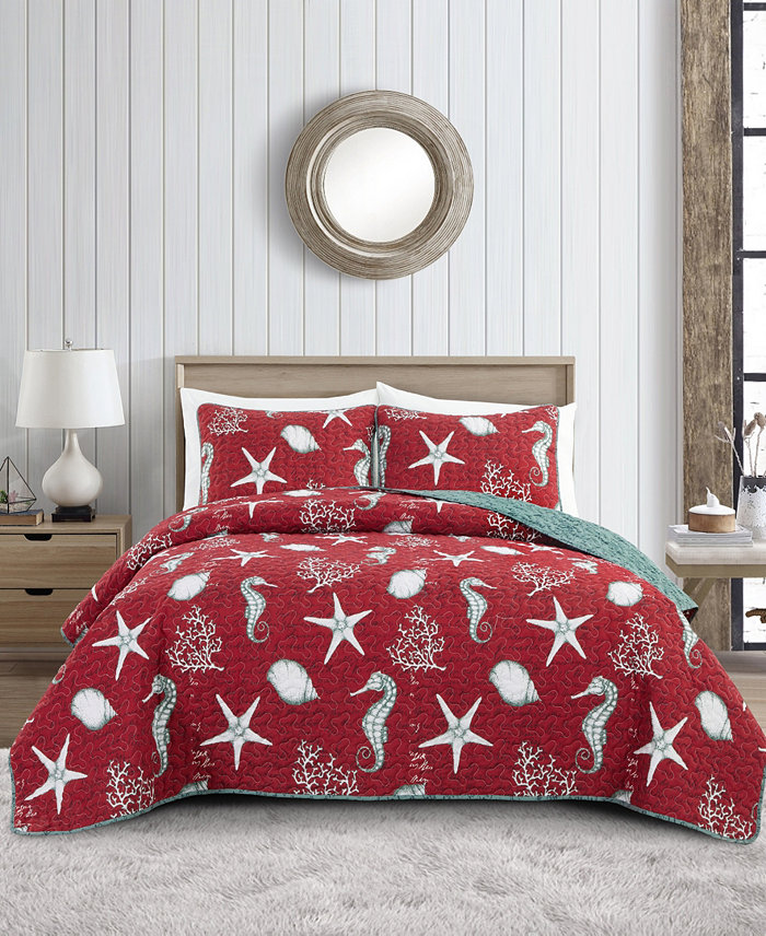 Videri Home Festive Seahorse Reversible 3-Piece Quilt Set Collection