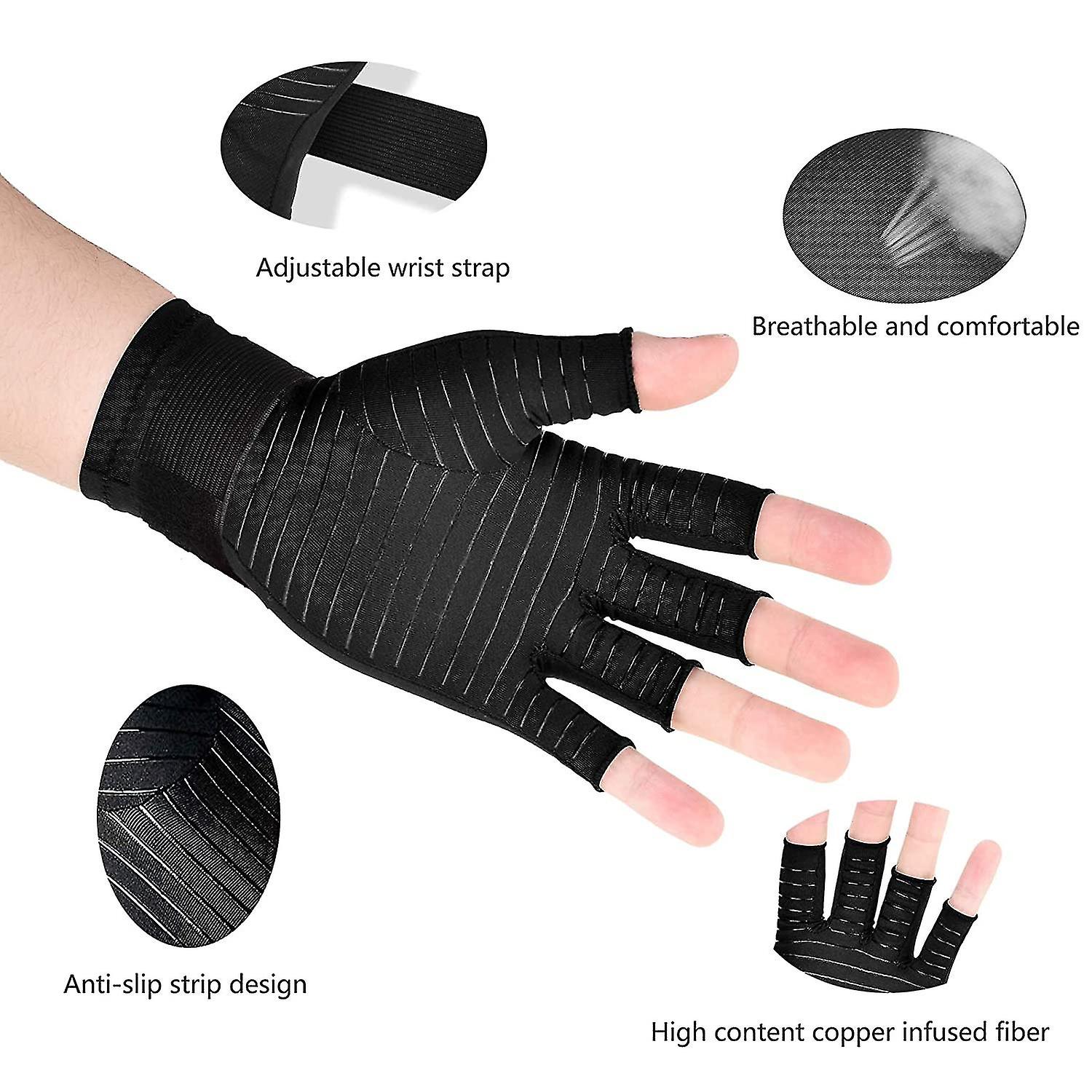 Wrist Compression Arthritis Gloves (1 Pair)，copper Wrist Support Brace Fingerless Glove With Adjustable Strap，comfortable Carpal Tunnel For Hand Thumb