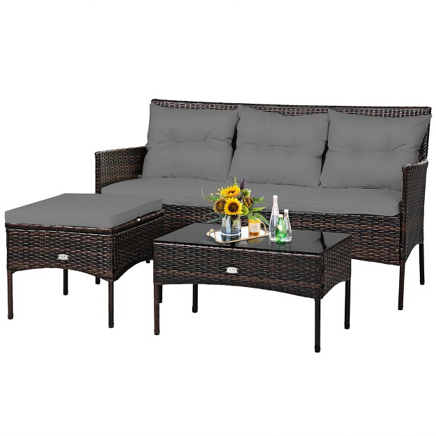 Costway 3pcs Patio Rattan Furniture Set 3 seat Sofa Cushioned Table Garden Turqouise gray white