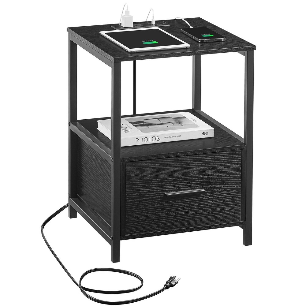 VECELO Mid Century Modern Nightstand with Charging Station USB Port