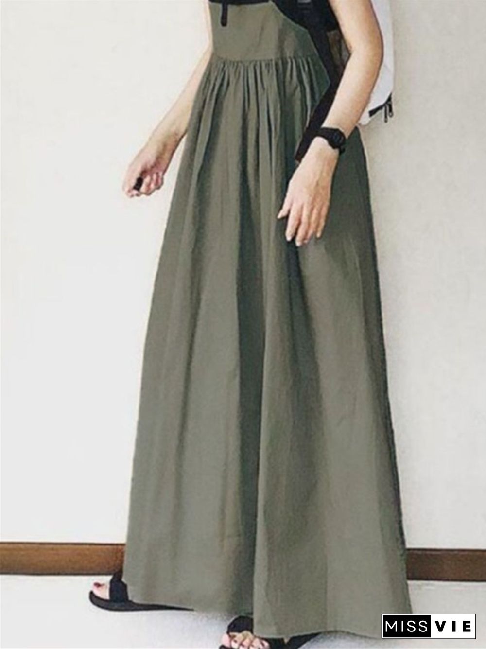 Long Skirt Spring Summer High Waist Skirt Solid Color Pleated Sling Long Skirt