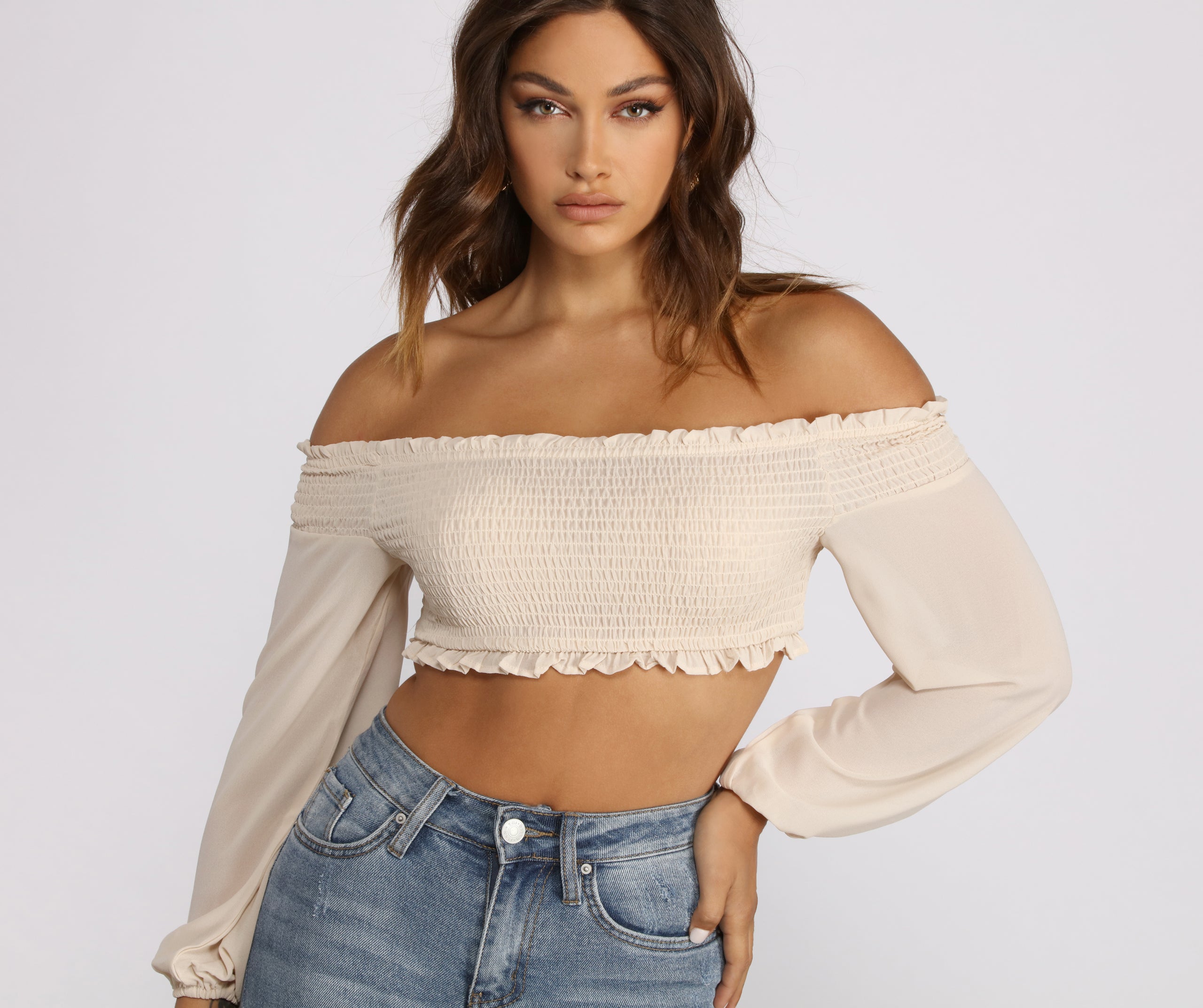 Frilled and Flirty Off The Shoulder Smocked Crop Top