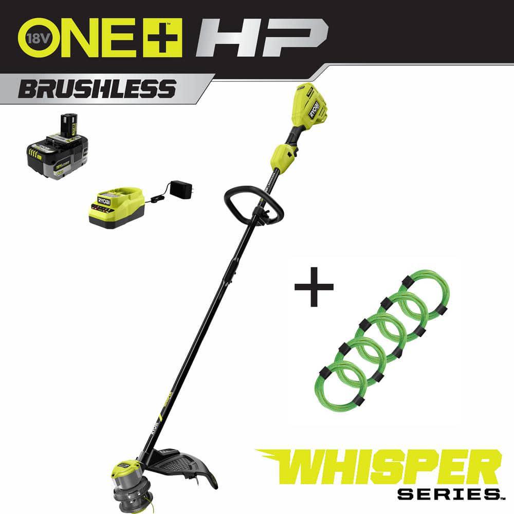 RYOBI ONE HP 18V Brushless Whisper Series String Trimmer w Extra 5Pack PreCut Spiral Line 60Ah Battery and Charger