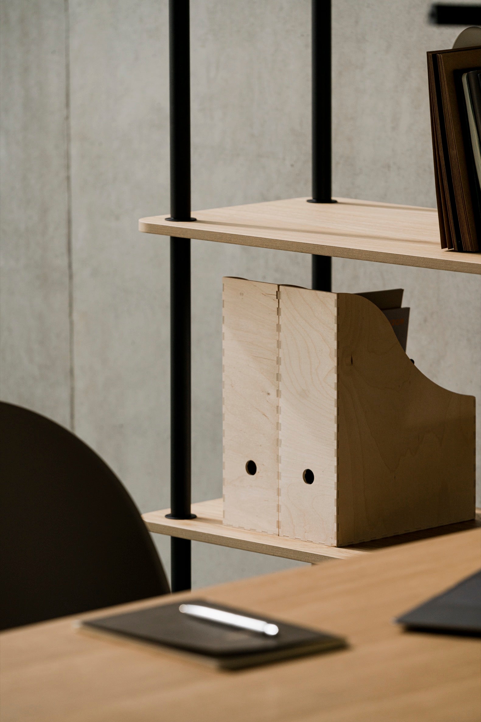 Open Wooden Bookcase with Slatted Design