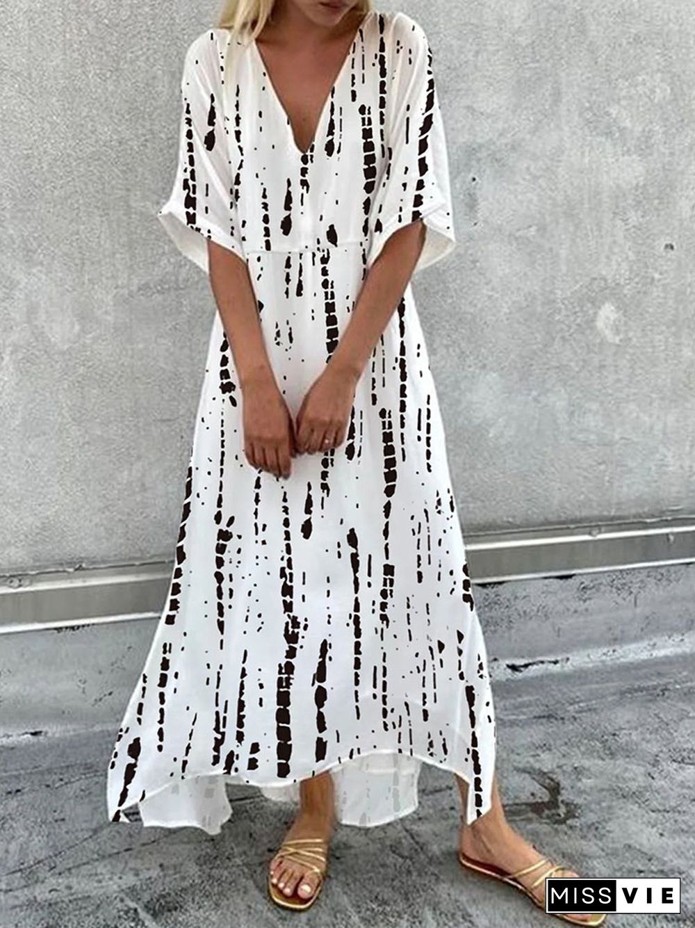 New Summer Ladies Short Sleeve V Neck Irregular Long Dress Casual Loose Commuter Office Dress Women Fashion Printed Dresses