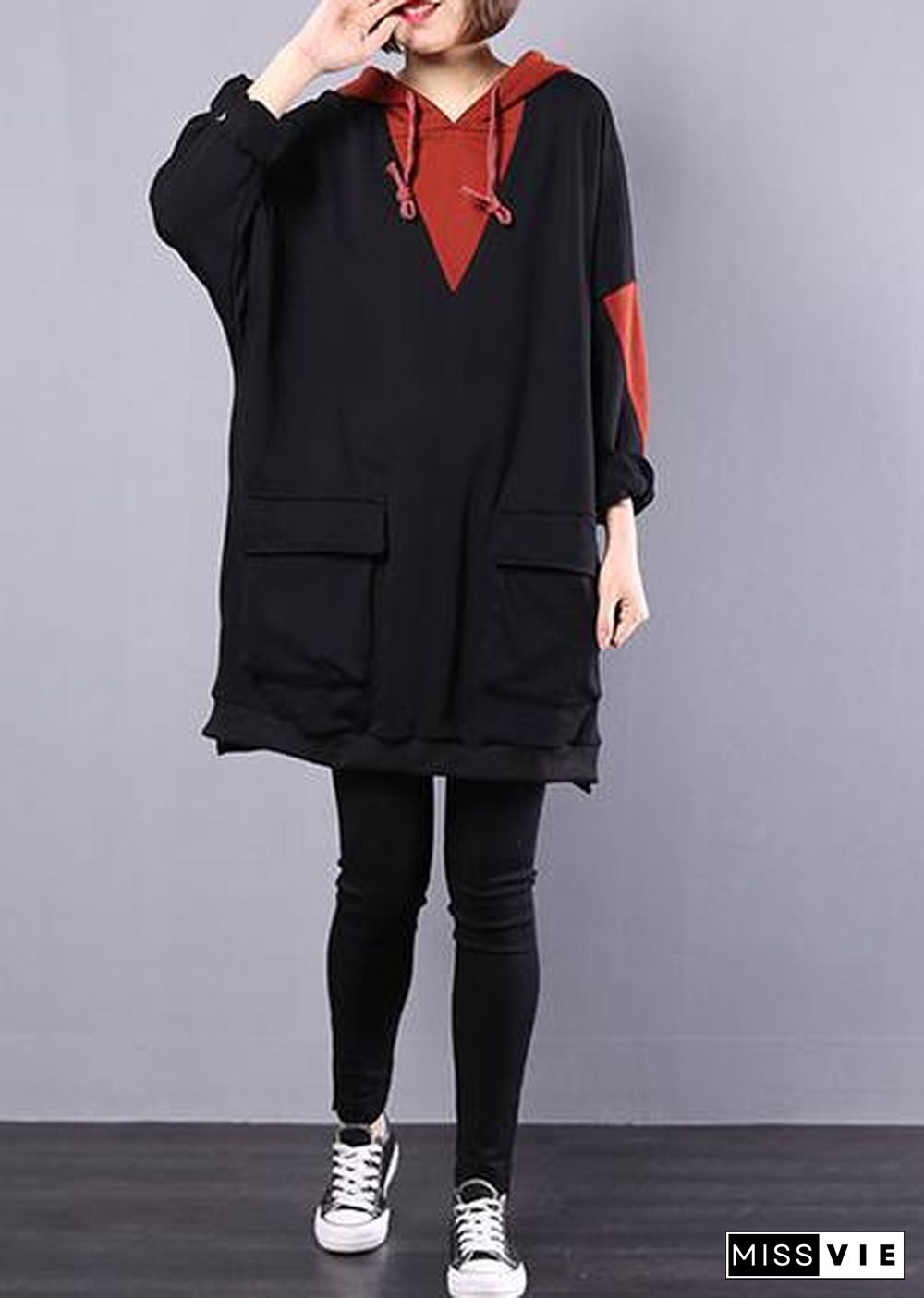 Art hooded cotton clothes For Women Work black patchwork blouse autumn