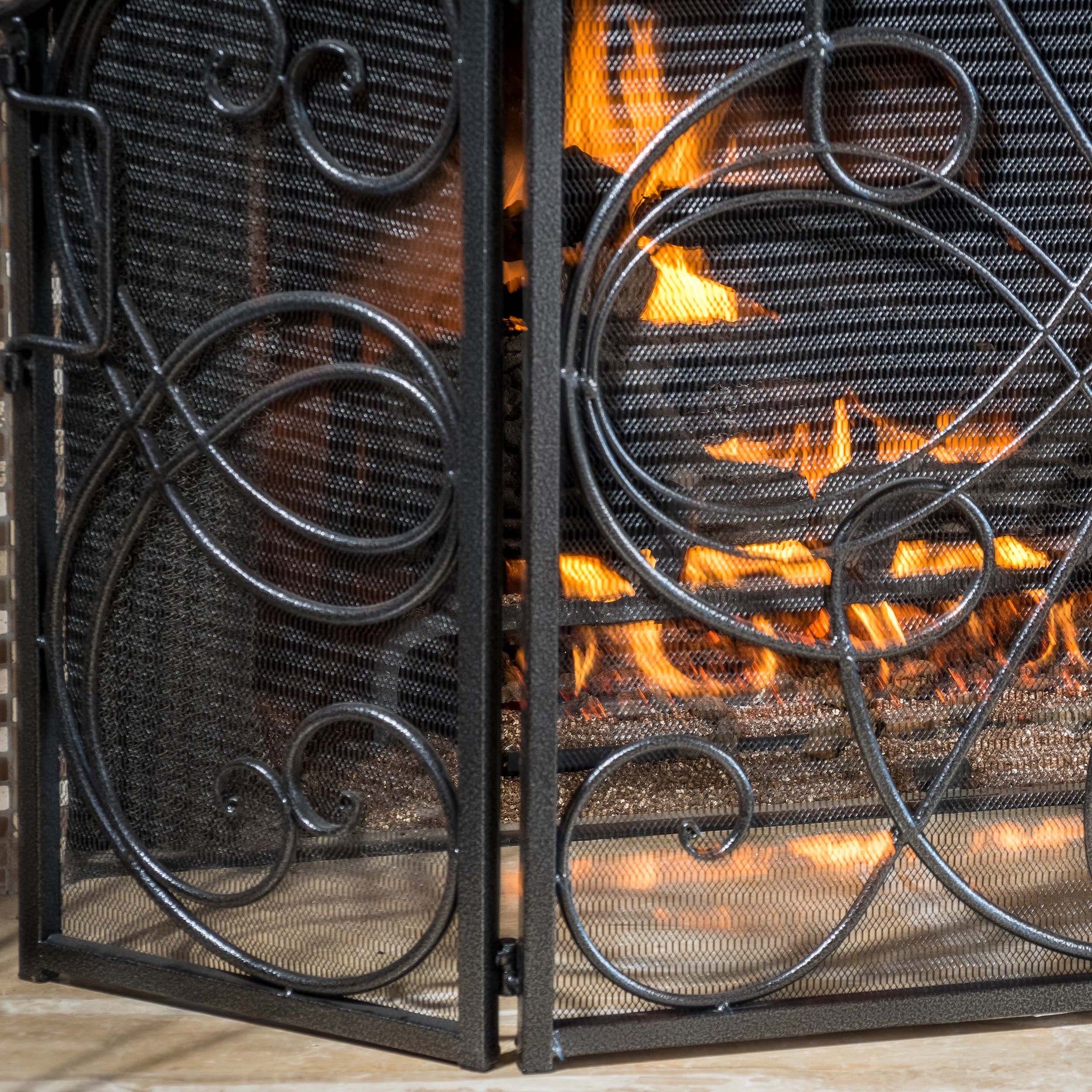 Rosalinda Black Silver Finish Floral Iron Fireplace Screen