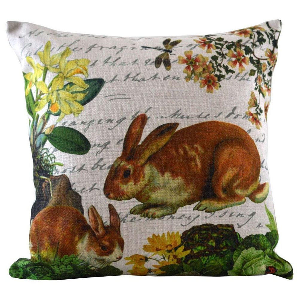 18 Brown Bunnies with Floral Accents and Calligraphy Background Throw Pillow