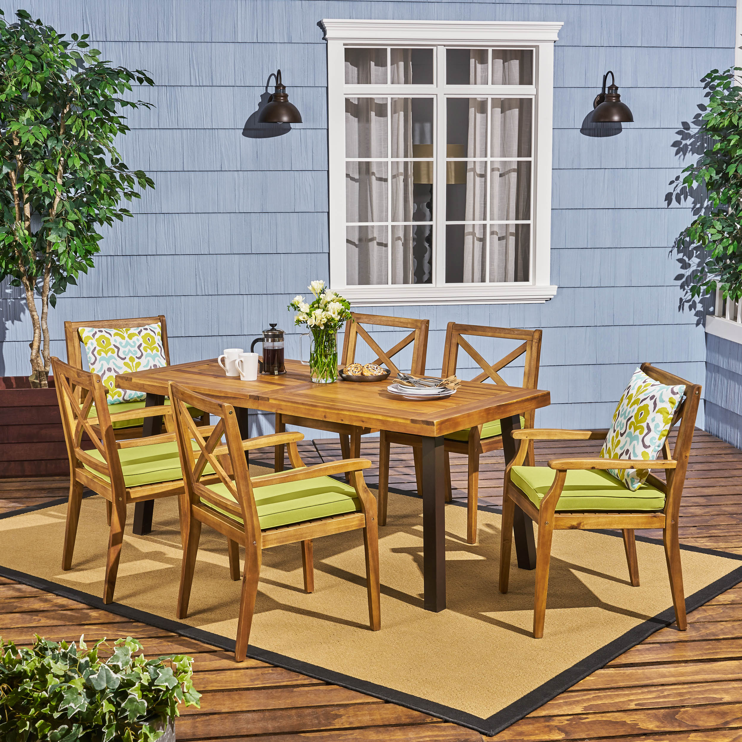 Nolan Outdoor 7-Piece Acacia Wood and Iron Dining Set