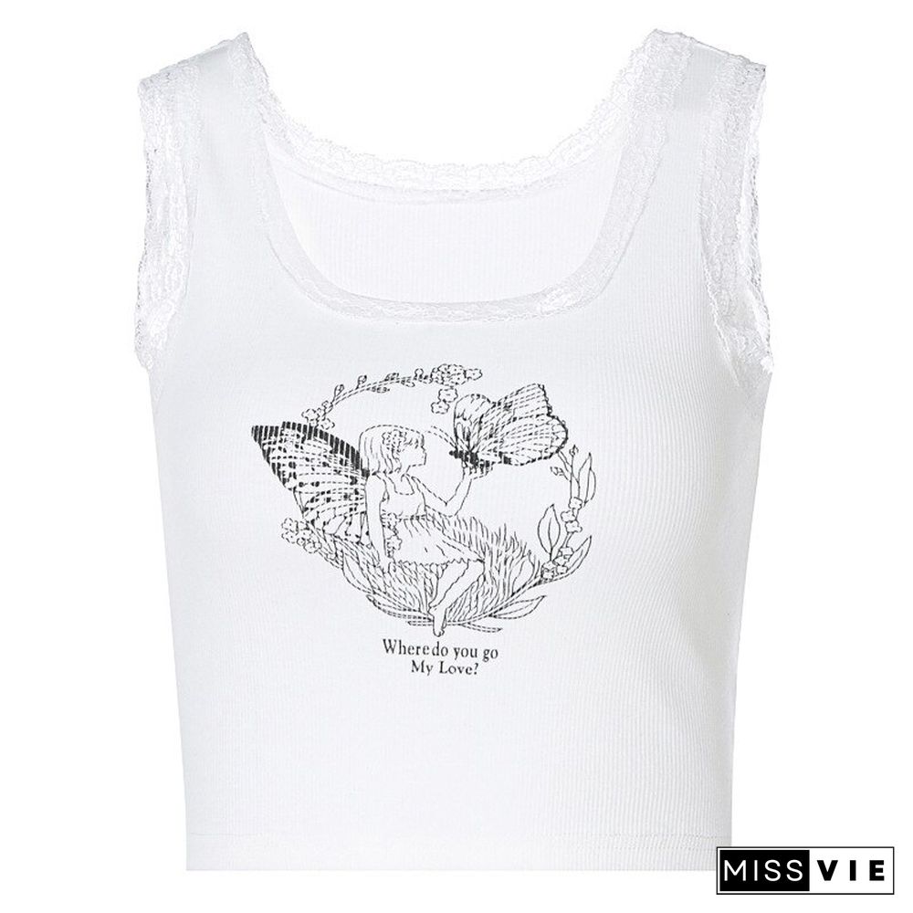 Cartoon Printed Lace Trim White Crop Top Fairy Grunge Summer Clothes For Women Cute Slim Fit Ribbed Tank Tops