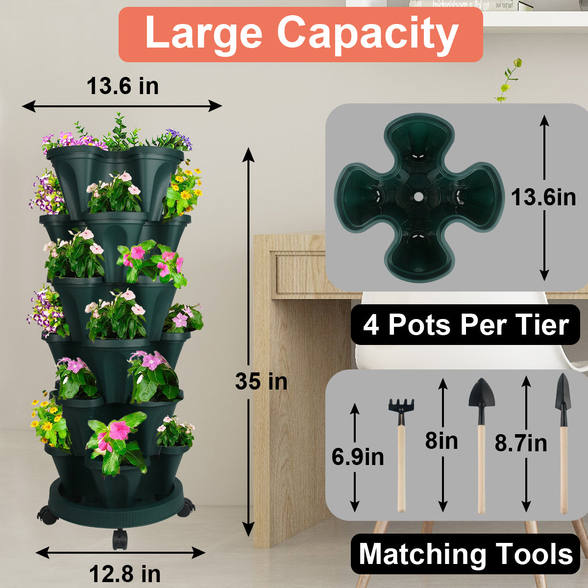 Stacking Flower Pot Tower- Space Saving 3-Tire Indoor Outdoor Vertical Stackable Plastic Herb and Flower Planters - Green