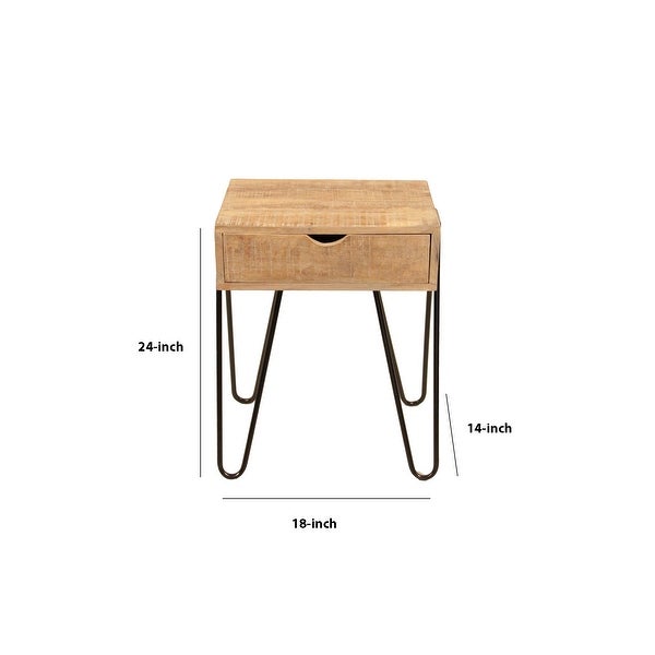 1 Drawer Wooden Side Table with Metal Hairpin Legs， Brown and Black