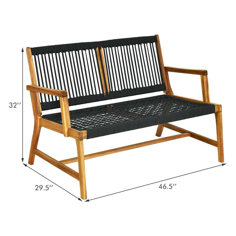 2-Person Acacia Wood Rope Bench Loveseat Chair, Outdoor Patio Garden Park Bench in Teak Oil Finish