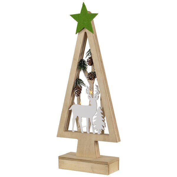 Lighted Wooden Christmas Tree with Star and Reindeer Woodland Scene