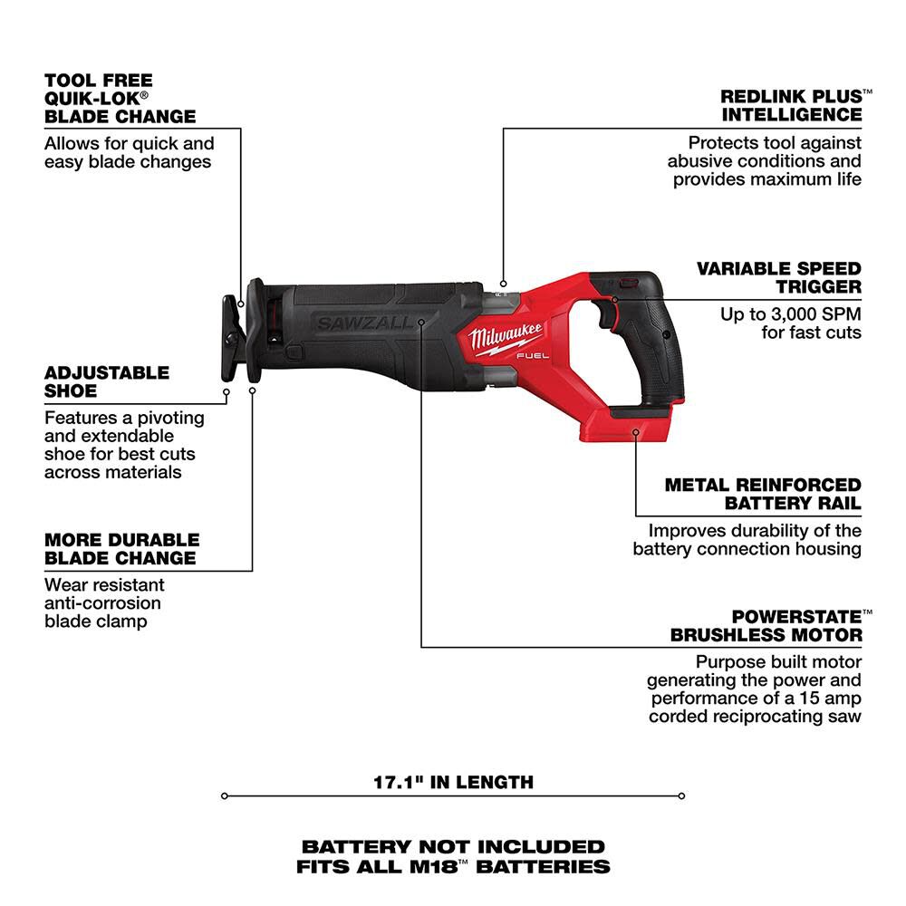 Milwaukee M18 FUEL SAWZALL Reciprocating Saw Bare Tool 2821-20 from Milwaukee