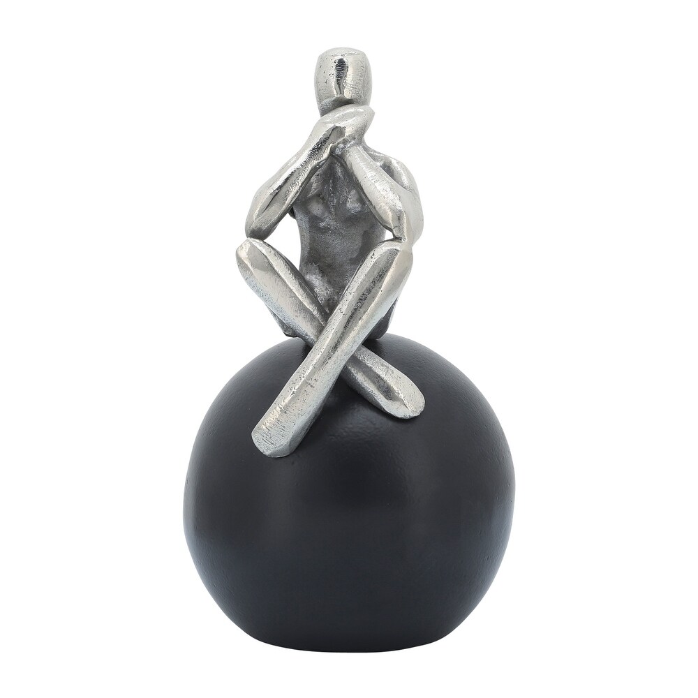 Handmade Silver Metal Thinking Man On Black Orb Sculpture