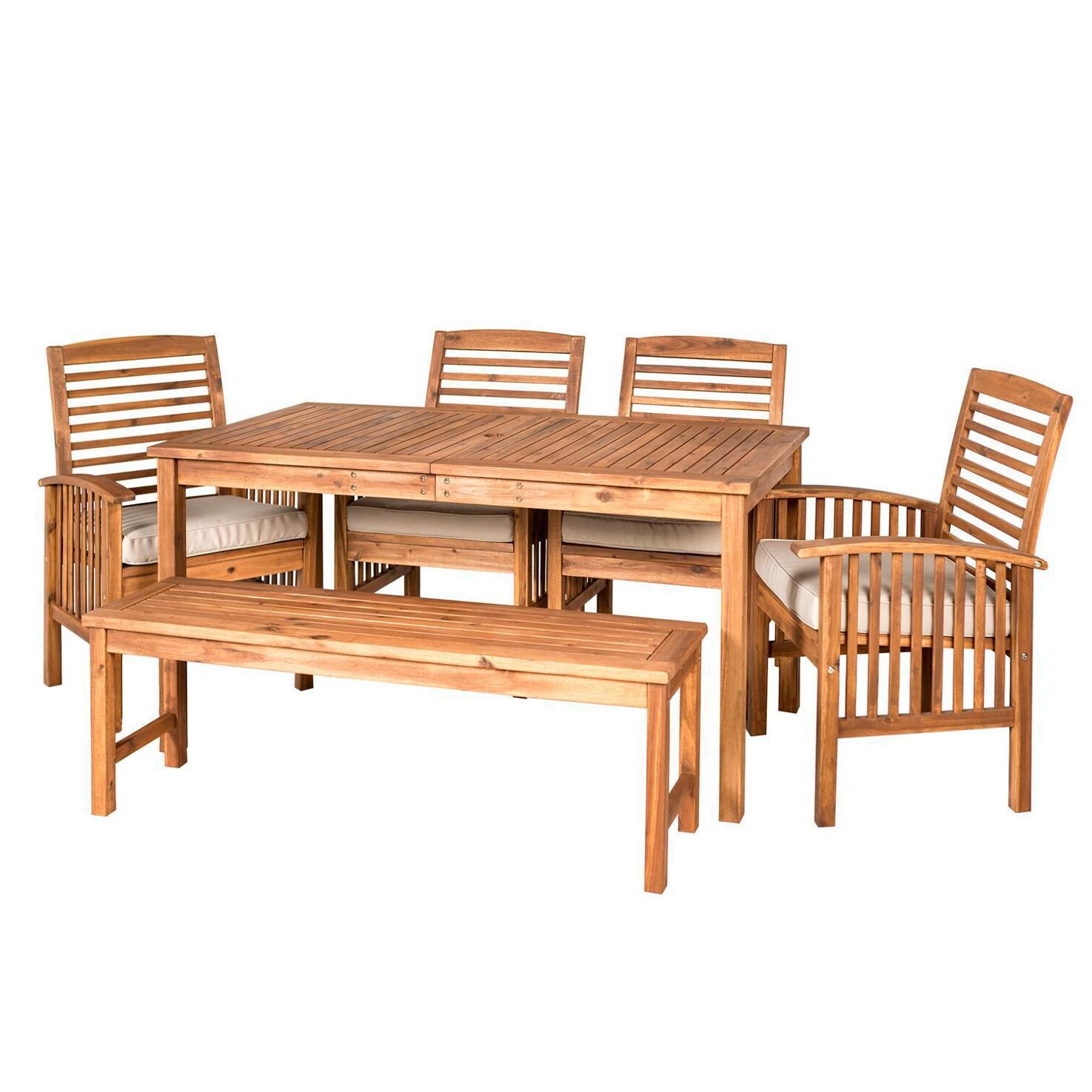 Ultimate Patio Horizon Way 6 Piece Brown Acacia Patio Dining Set W/ 60 X 34 Inch Rectangular Table and Natural Cushions