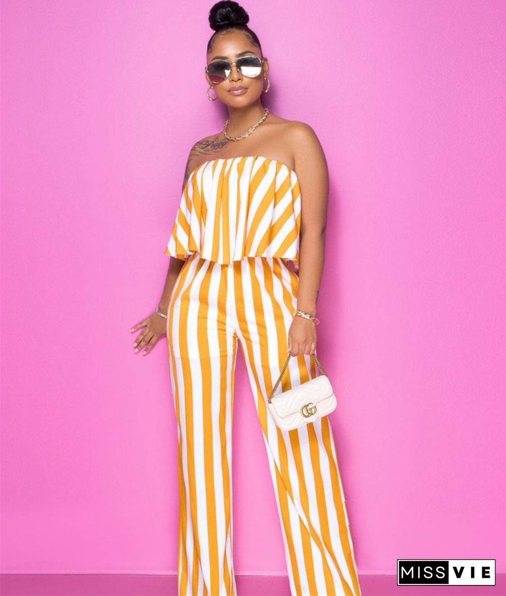 Striped Strapless Crop Tops Wide Leg Long Pants 2PCS