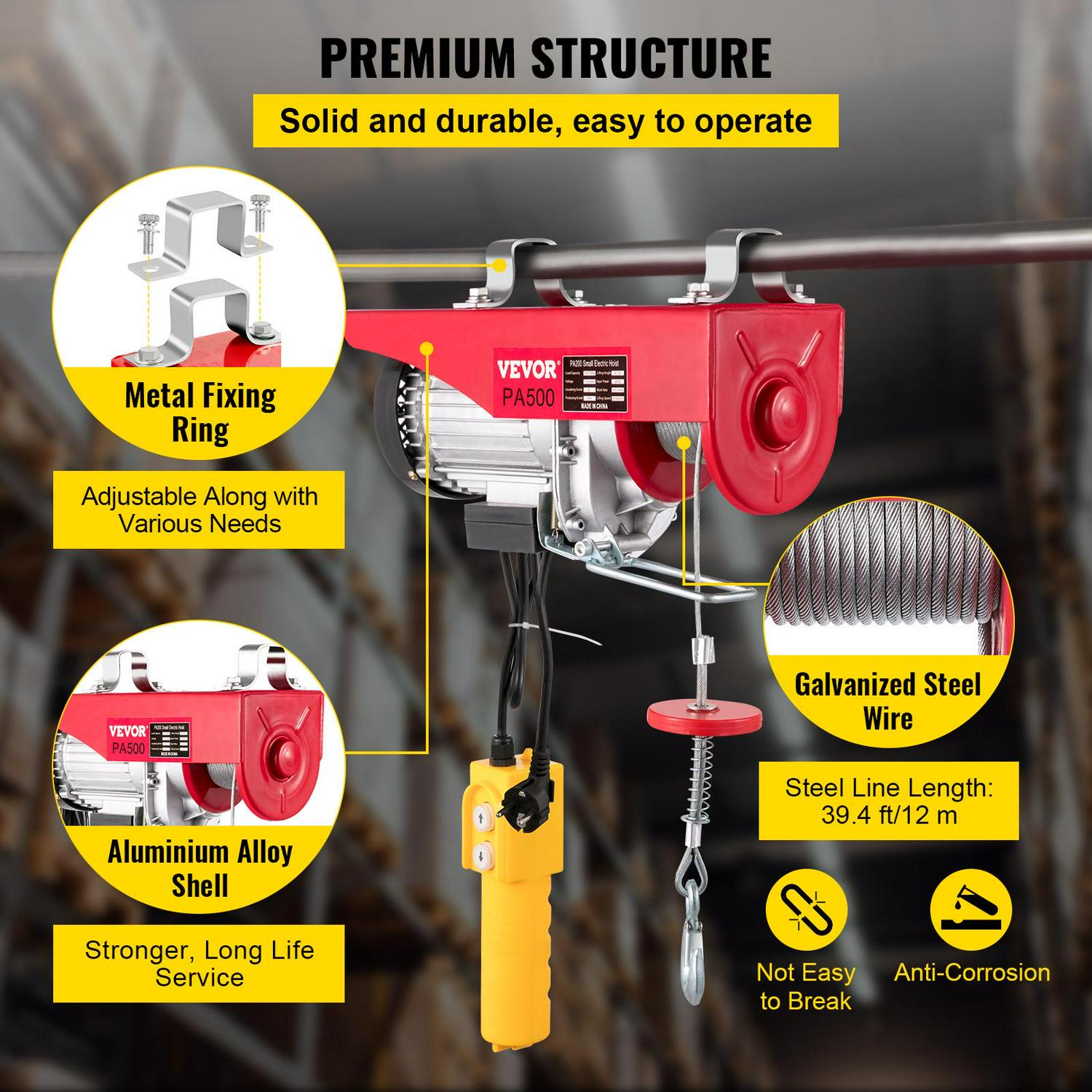 VEVORbrand Lift Electric Hoist 1100lbs， Electric Hoist 110v， Remote Control Electric Winch Overhead Crane Lift Electric Wire Hoist for Factories， Warehouses， Construction， Building， Goods Lifting