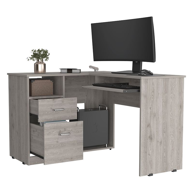 Raleigh L-Shaped Desk， Two Drawers， One Shelf， CPU Storage