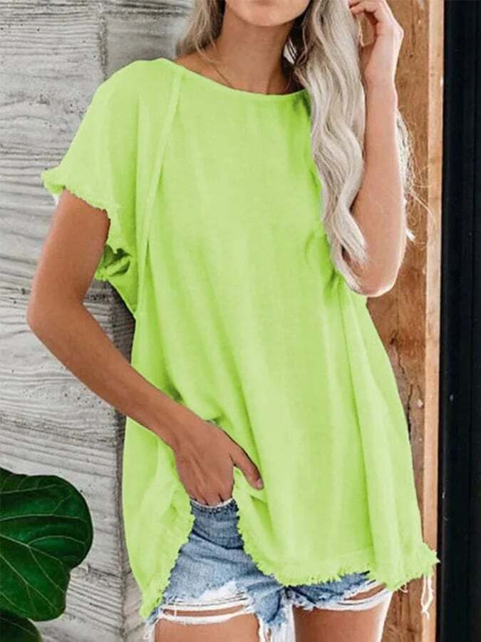 Casual Short Sleeve Solid Color Fringe Top