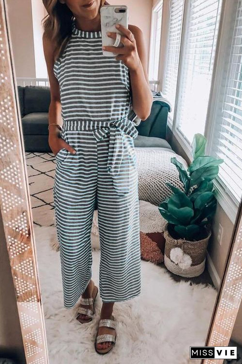 Striped Wide Leg Knot Jumpsuit