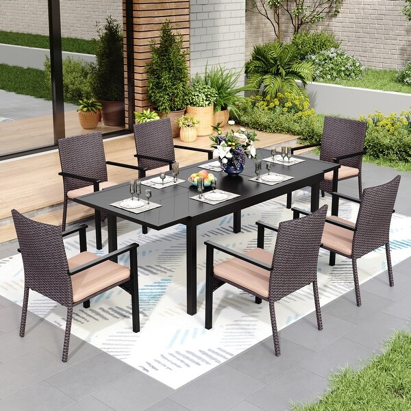 7/9piece Patio Dining Set，Expendable Rectangular Outdoor Dining Table with Rattan Chairs