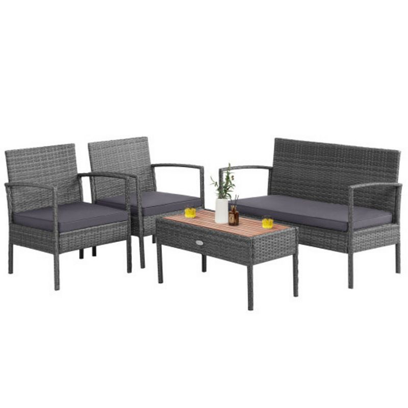 4 Pieces Outdoor Rattan Conversation Set with Comfortable Cushion