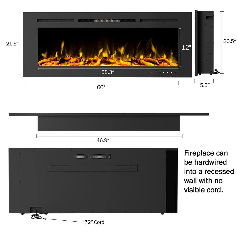 5440 BTU 60 in. Electric Fireplace Wall-Mount or Recessed 10 Ember Colors 3 Media-Touch Screen and Remote in Black 988515DGO